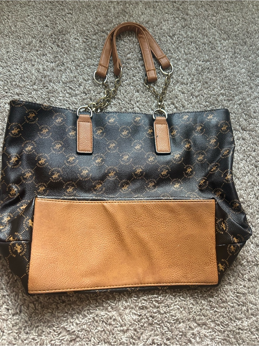 Beverly Hills Polo Club Black and Tan Logo Chain-Handle Tote